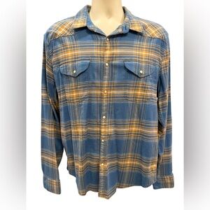 Lucky Brand Mens Large Shirt Saturday Stretch Blue Yellow Flannel Western Snap